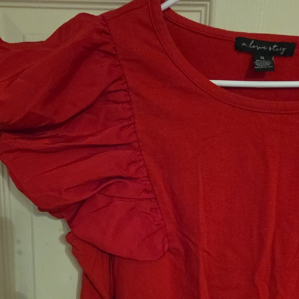 Vibrant Red Ruffled Flutter Sleeve Blouse - Picture 4 of 13